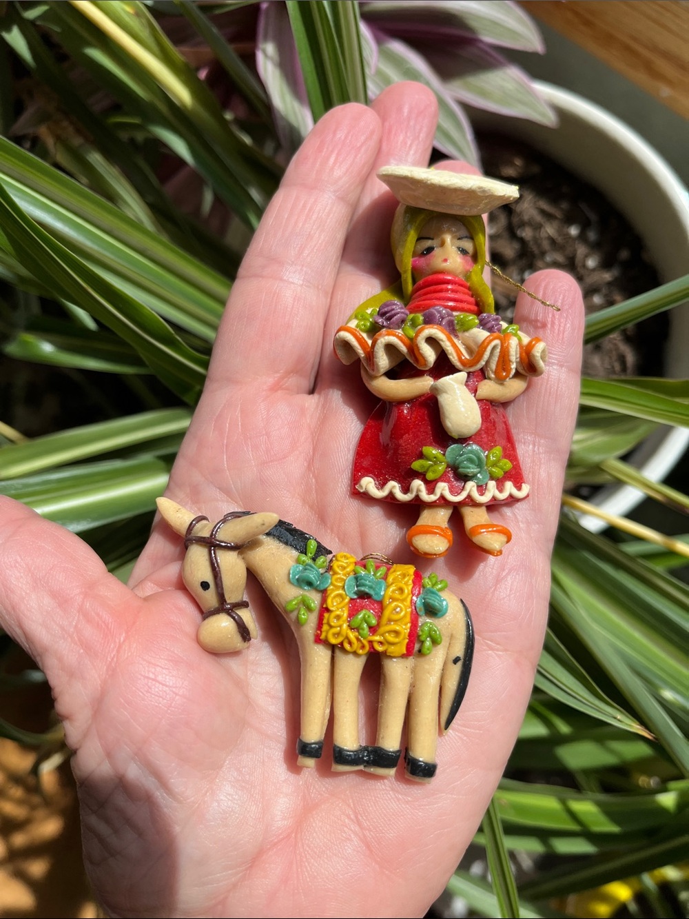 2 Vtg Ecuadorian Folk Art Christmas Ornaments Woman & Donkey Clay Dough